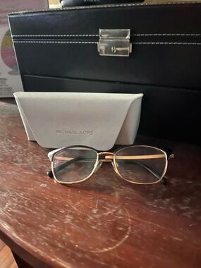 Michael Kors Gold and Black Rectangular Eyeglasses with White Case